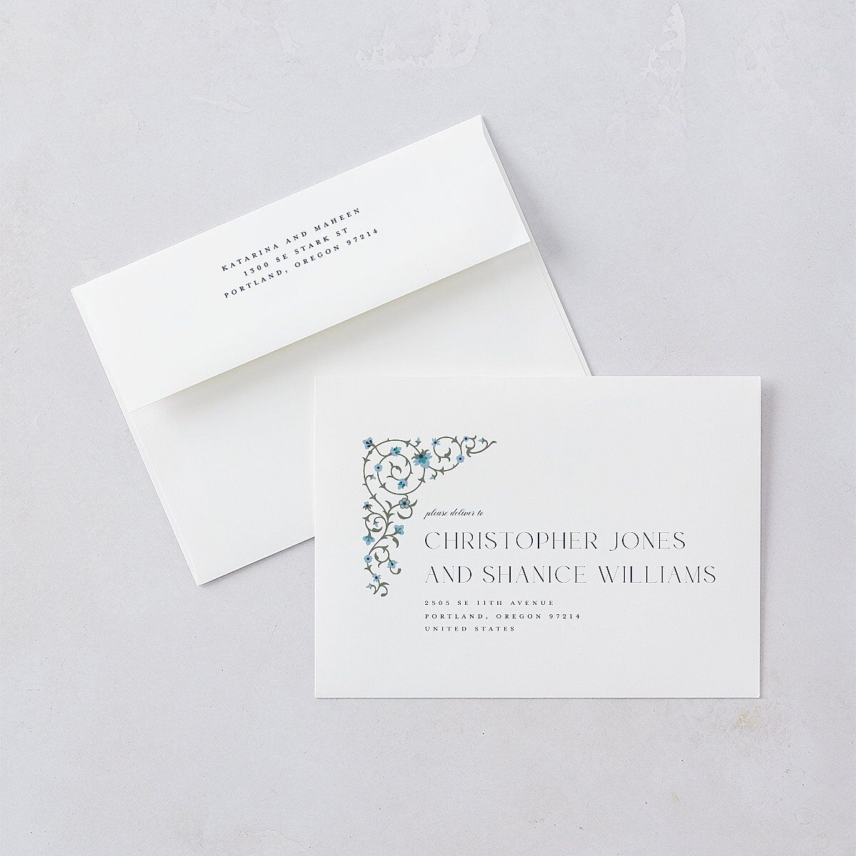 Ornate Threshold Save The Date Cards Moody Blue Signature smooth Blank No Standard