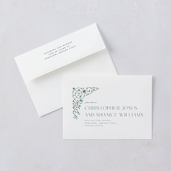 Ornate Threshold Save The Date Cards Moody Blue Signature smooth Blank No Standard