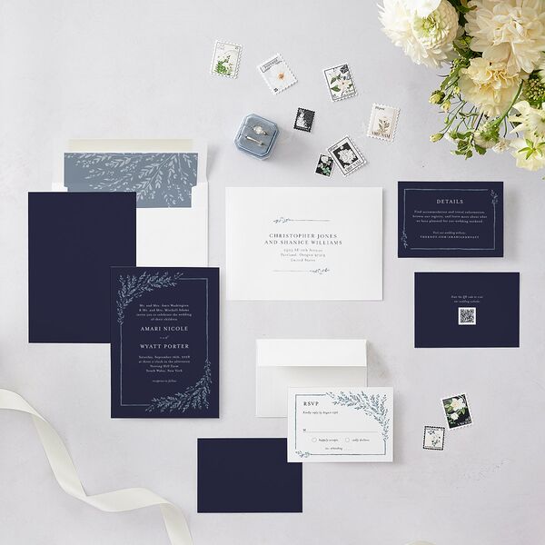 Rustic Branch Frame Wedding Invitations Navy Signature Blank No Standard