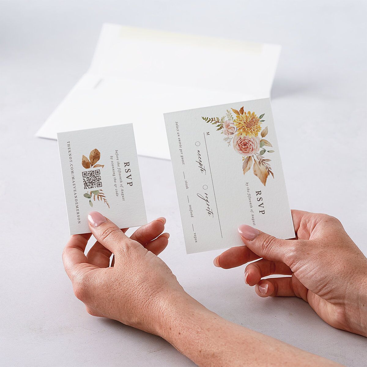 Elegant Botanical Autumn Floral QR Code RSVP Cards Soft Peach Signature Standard