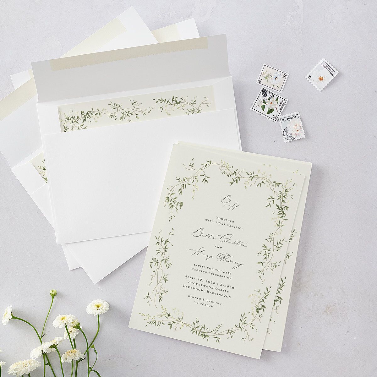 Dainty Fairytale Greenery Wedding Invitations Hunter Green Signature Blank No