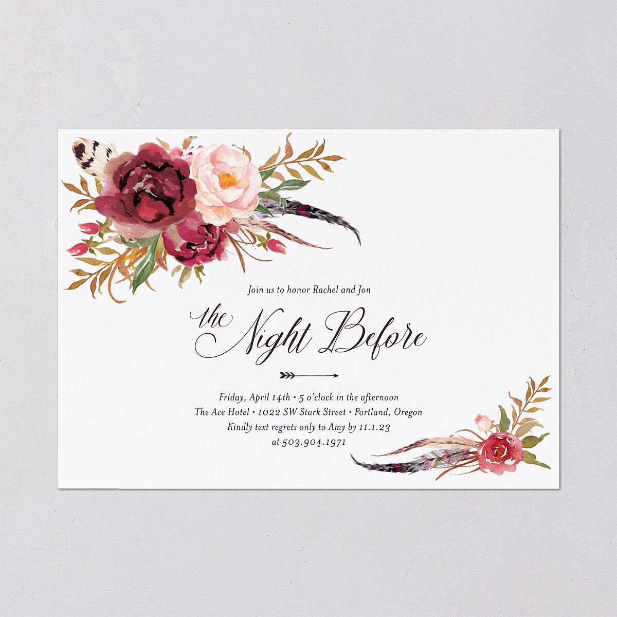Bohemian Floral Rehearsal Dinner Invitations Merlot Signature Blank
