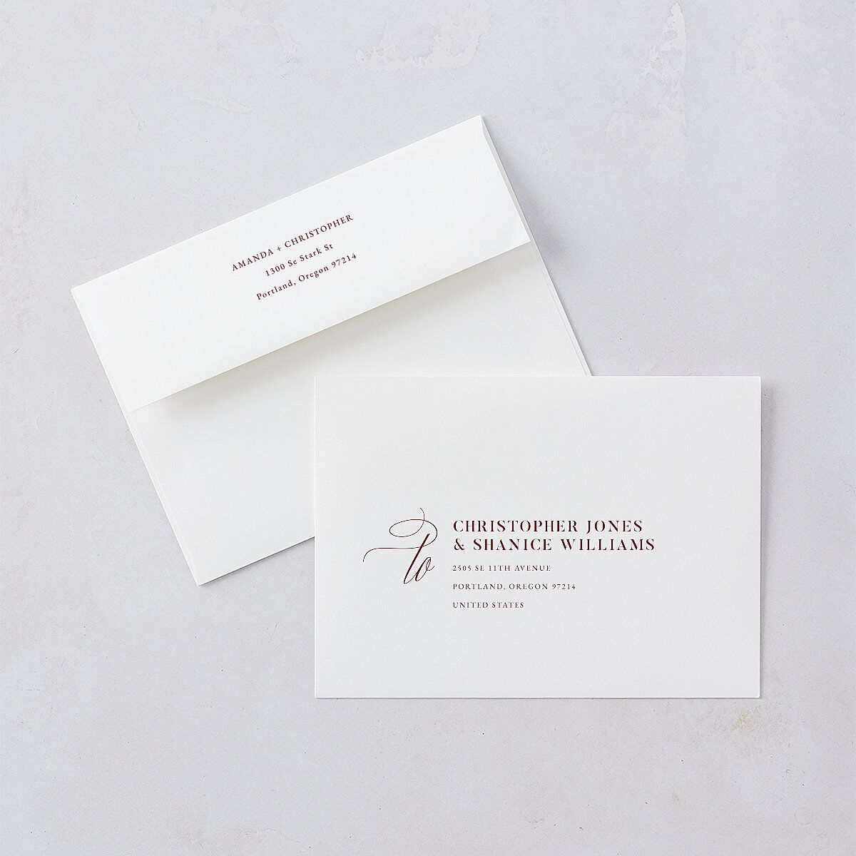 Photo Flourish Wedding Invitation Envelopes Burgundy White Both Recipient and Return Addresses Standard Signature