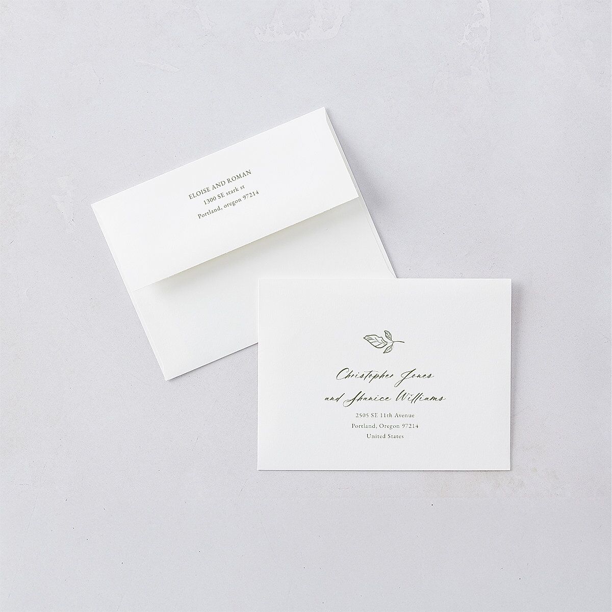 Vintage Botanical Sketch Save the Date Magnet Envelopes White Dark Camo Both Recipient and Return Addresses Signature Standard