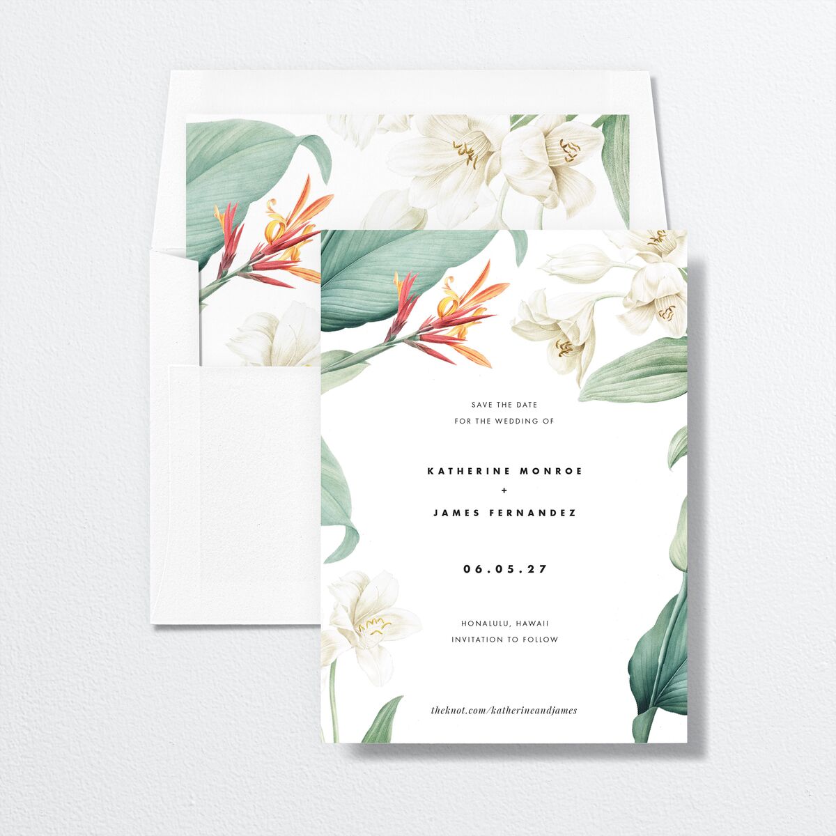 Tropical Botanic Save The Date Cards Pure White Signature smooth No