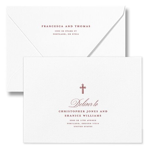 Classic Catholic Sacred Heart Wedding Invitation Euro Envelopes White Maroon Both Recipient and Return Addresses Luxe Signature