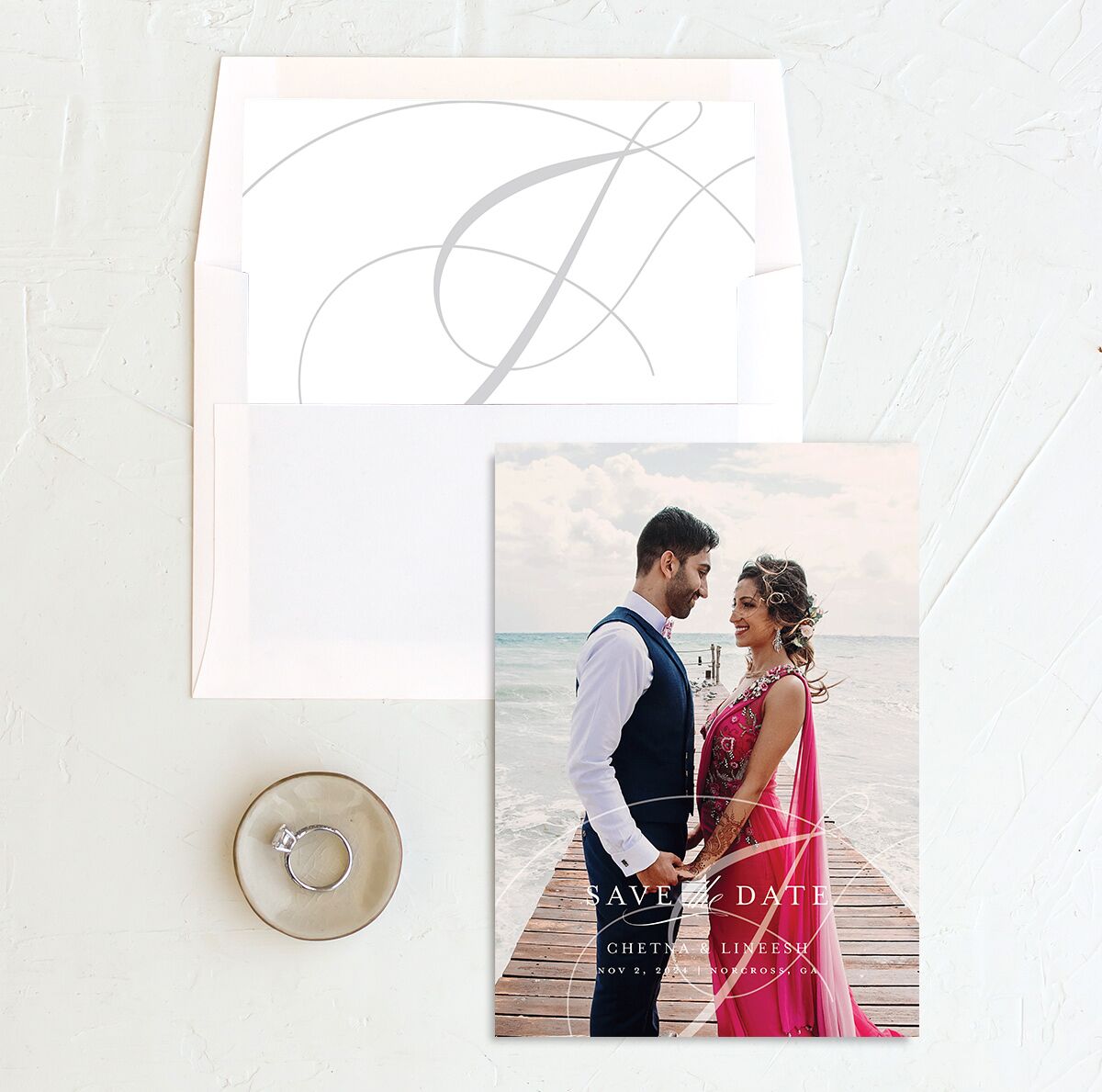 Elegant Accent Save The Date Cards envelope-and-liner in White