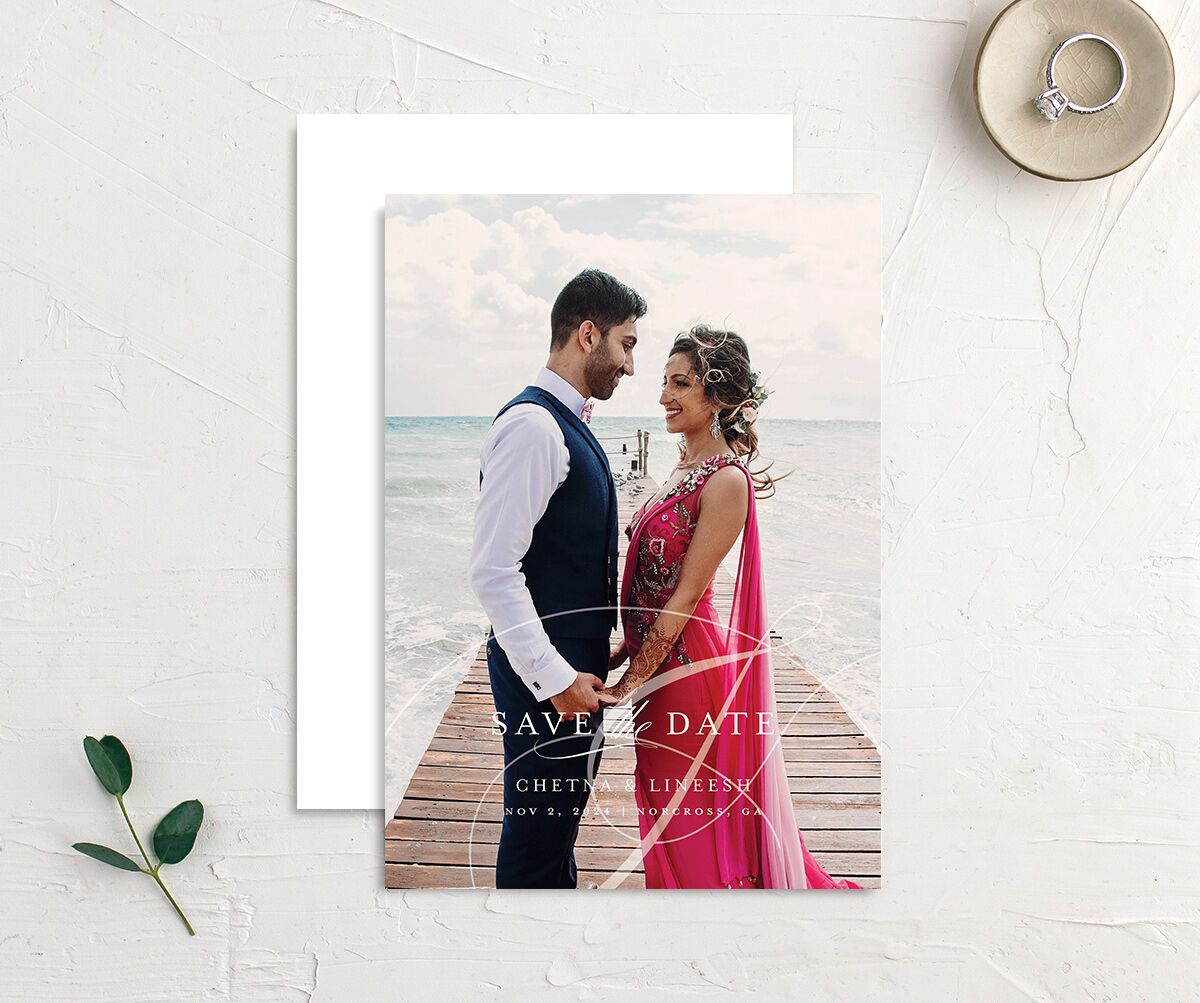 Elegant Accent Save The Date Cards front-and-back in White