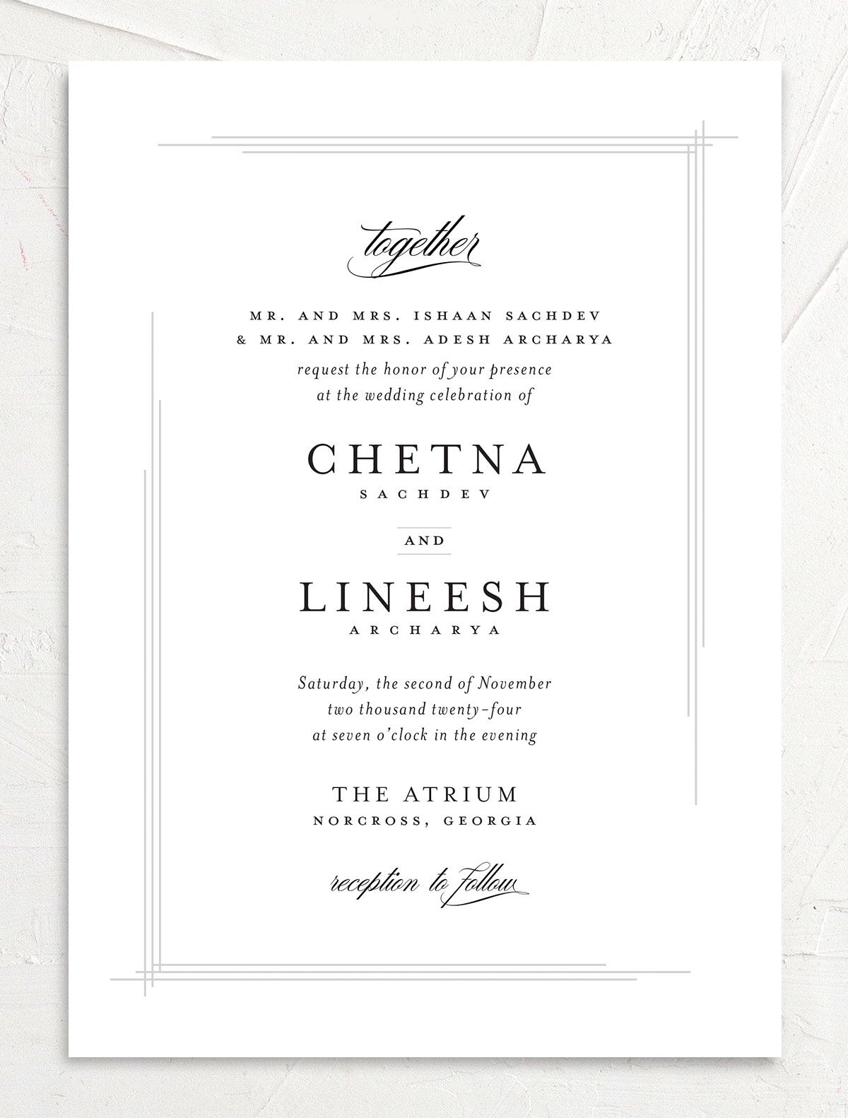 Elegant Accent Wedding Invitations front in White