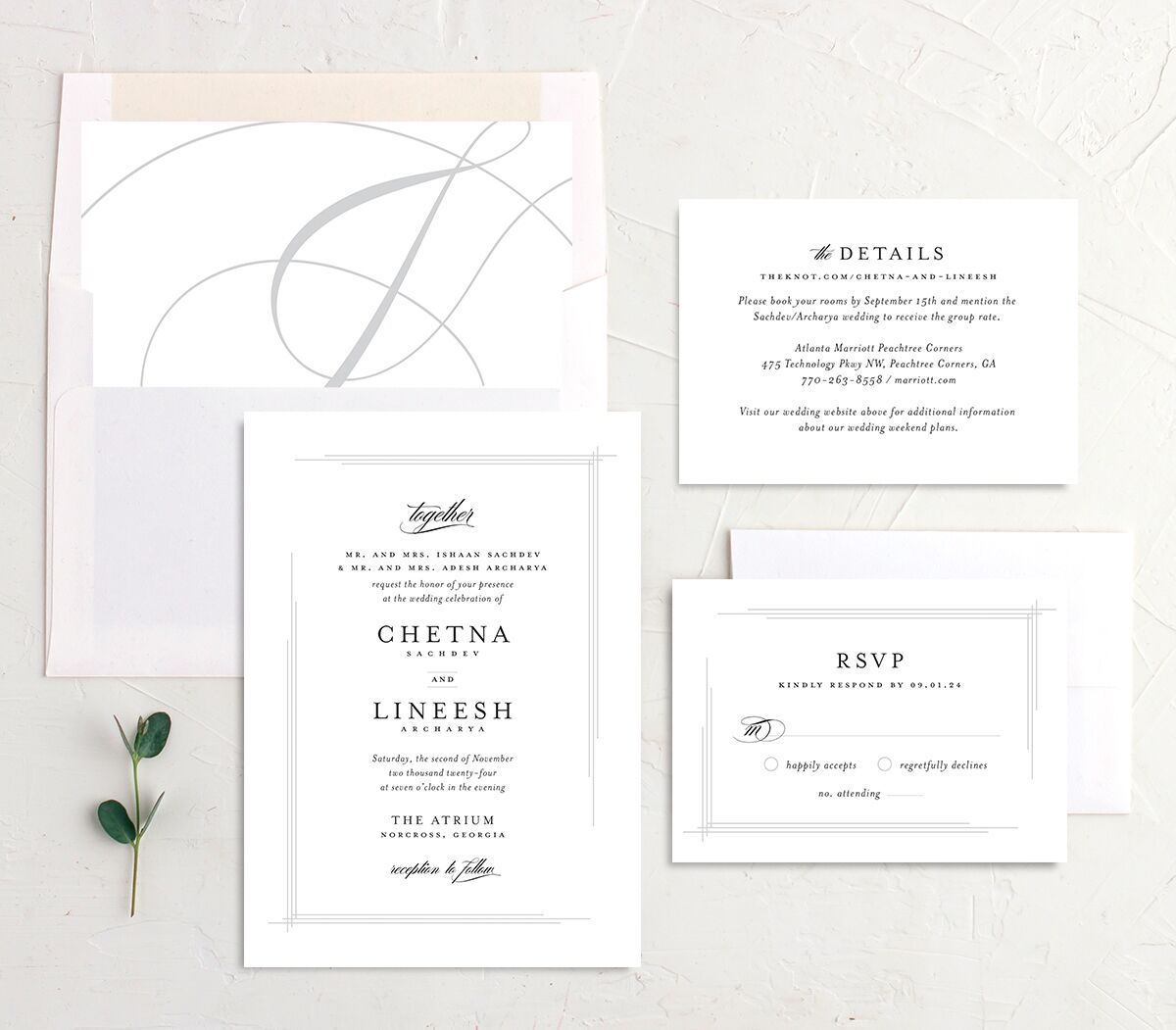 Elegant Accent Wedding Invitations suite in White