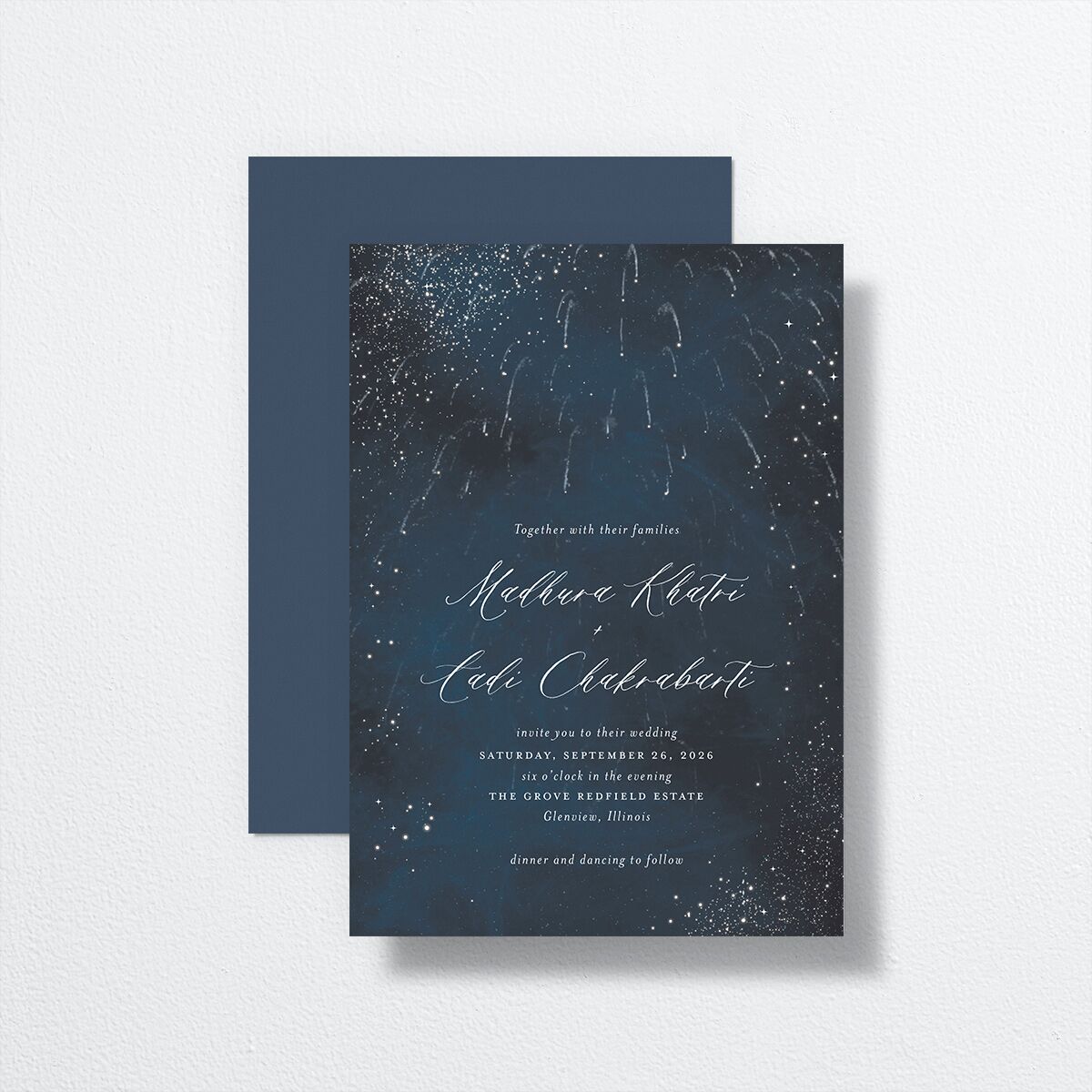 Magical Fireworks Wedding Invitations front-and-back in blue