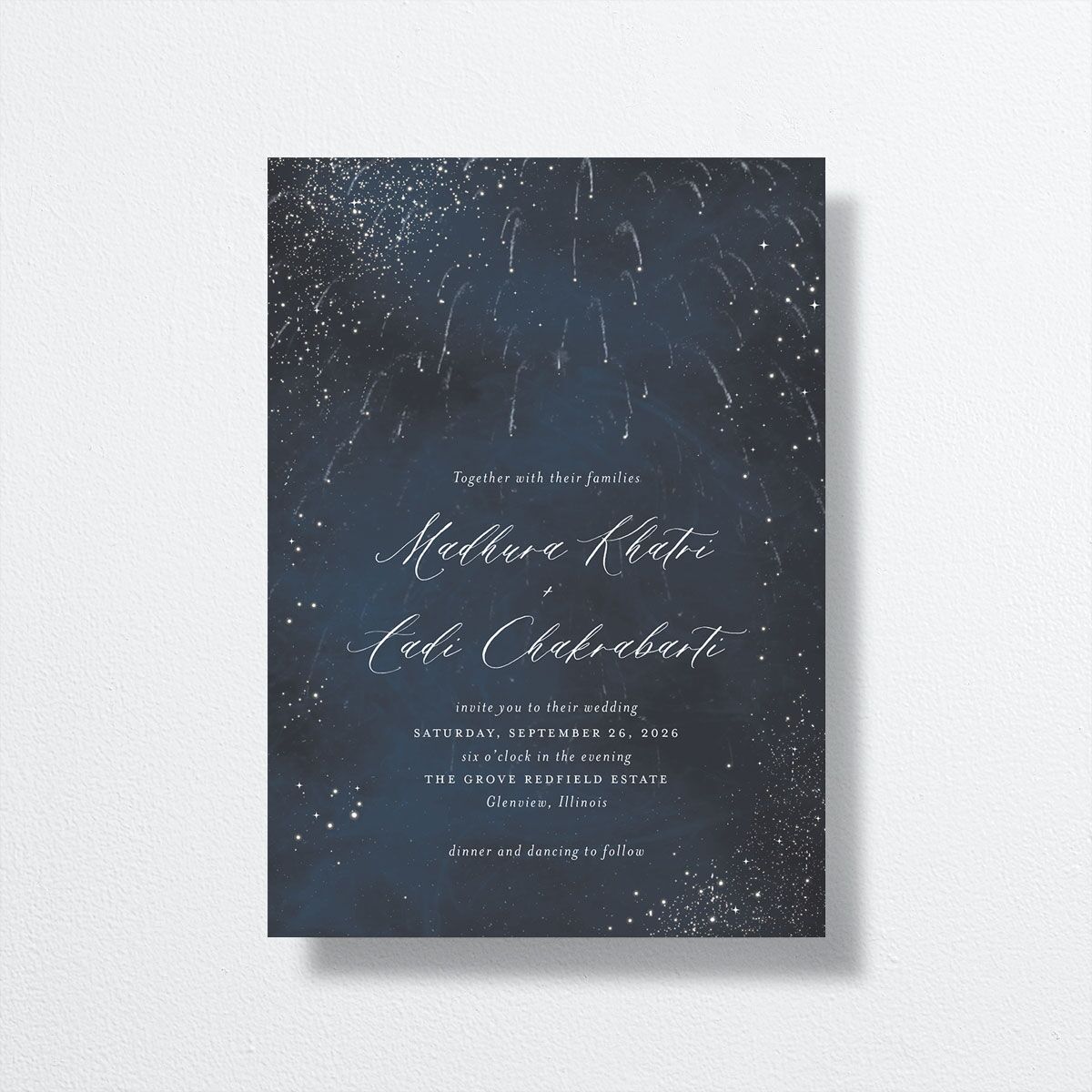 Magical Fireworks Wedding Invitations front in blue