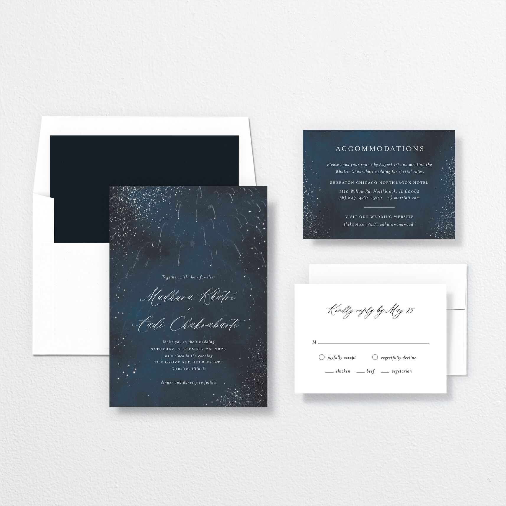 Magical Fireworks Wedding Invitations suite in blue