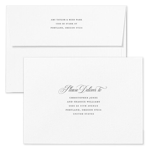 Grand Calligraphy Save The Date Card Envelopes White Medieval Grey Both Recipient and Return Addresses Signature Standard