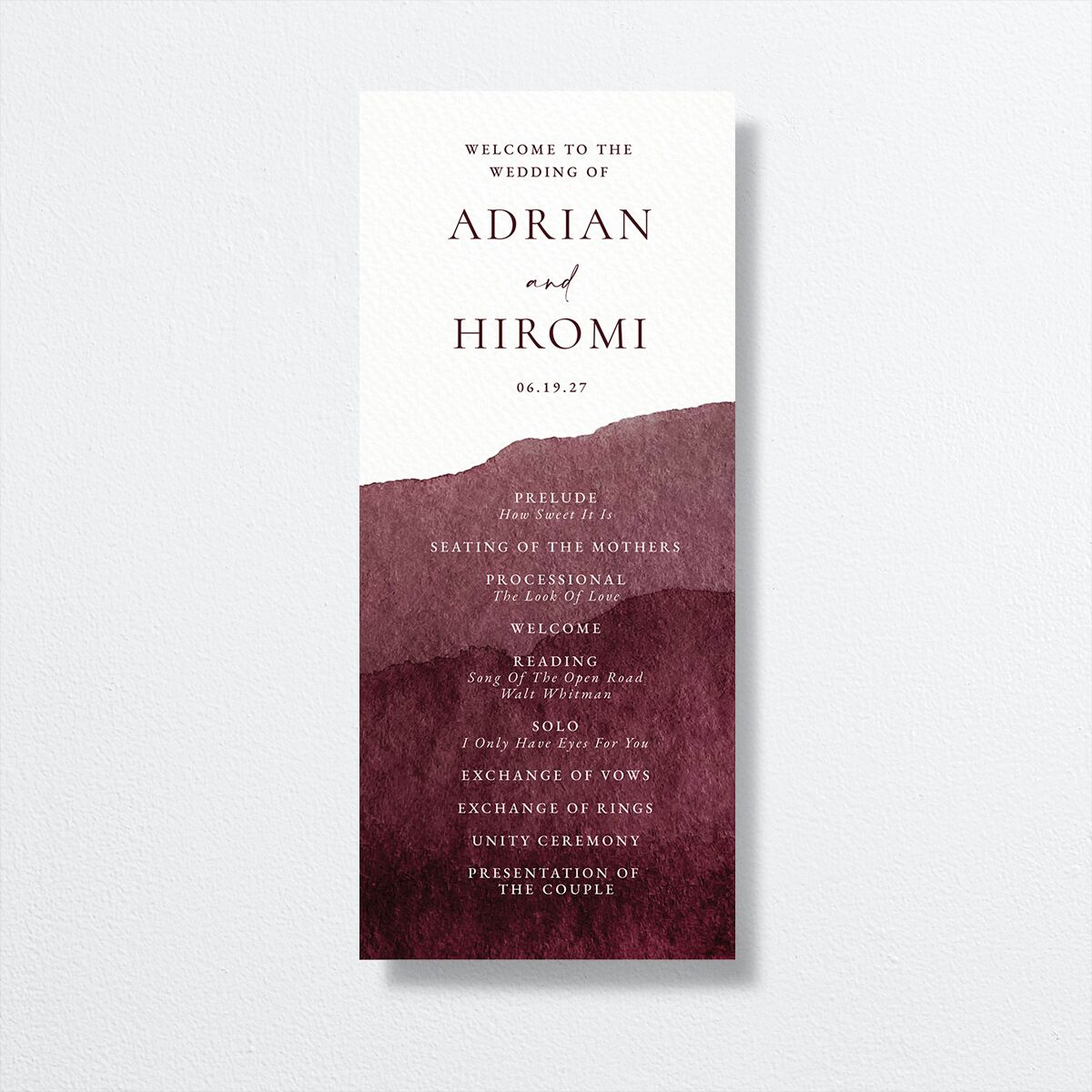 Layered Watercolor Wedding Programs front in Burgundy
