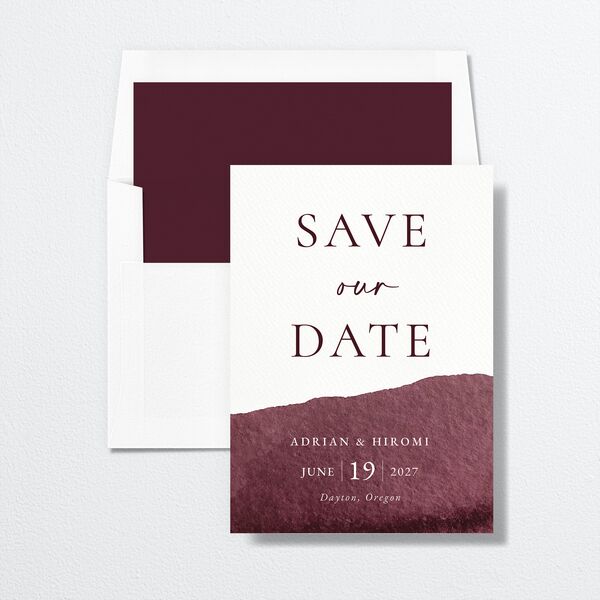 Layered Watercolor Save The Date Cards envelope-and-liner in Burgundy