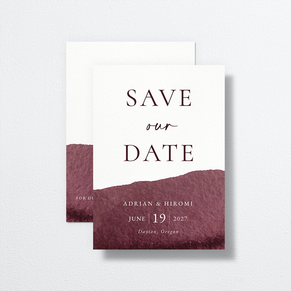 Layered Watercolor Save The Date Cards front-and-back in Burgundy