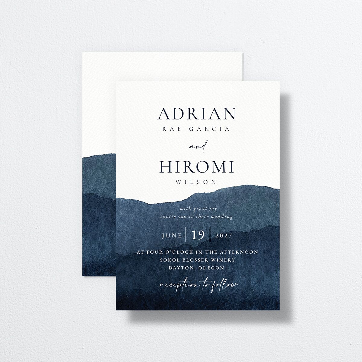 Layered Watercolor Wedding Invitations front-and-back in Blue