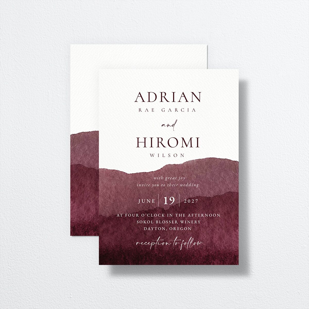 Layered Watercolor Wedding Invitations front-and-back in burgundy