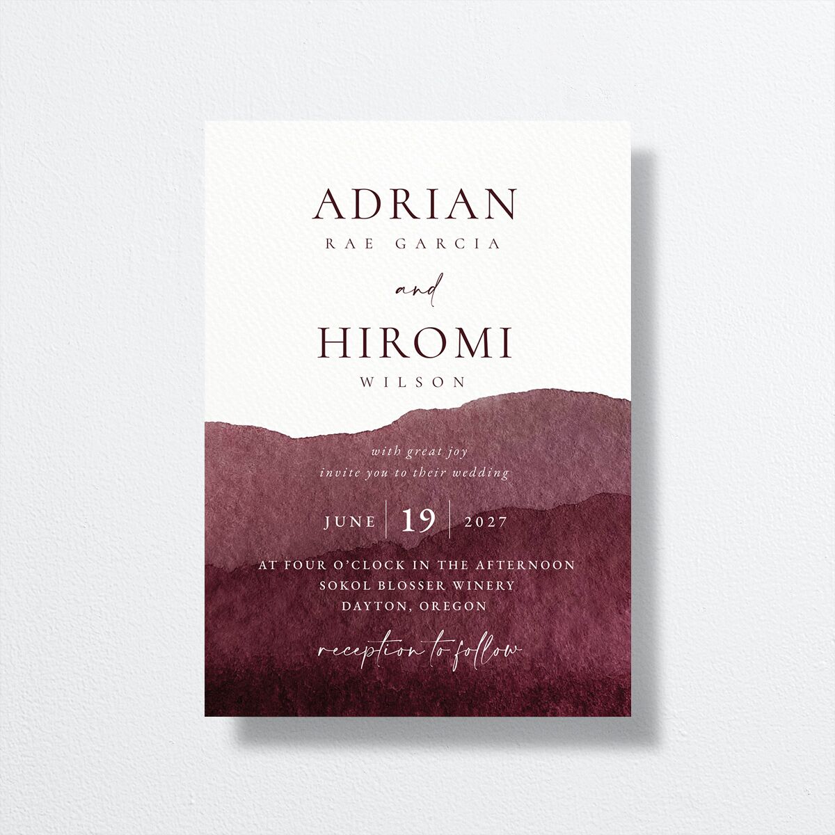 Layered Watercolor Wedding Invitations front in burgundy