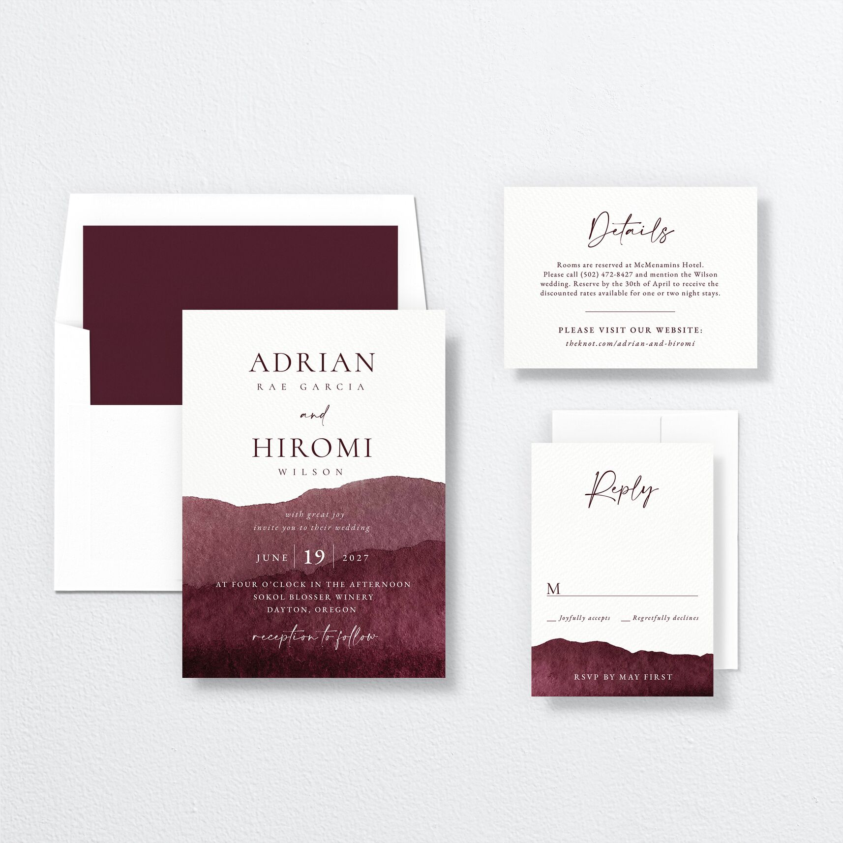 Layered Watercolor Wedding Invitations suite in burgundy