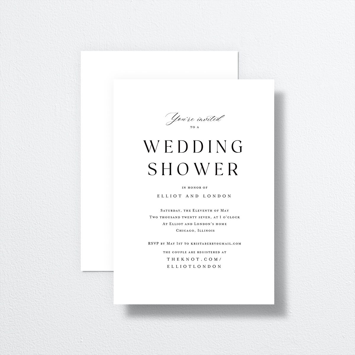 Timeless Typography Bridal Shower Invitations front-and-back in white