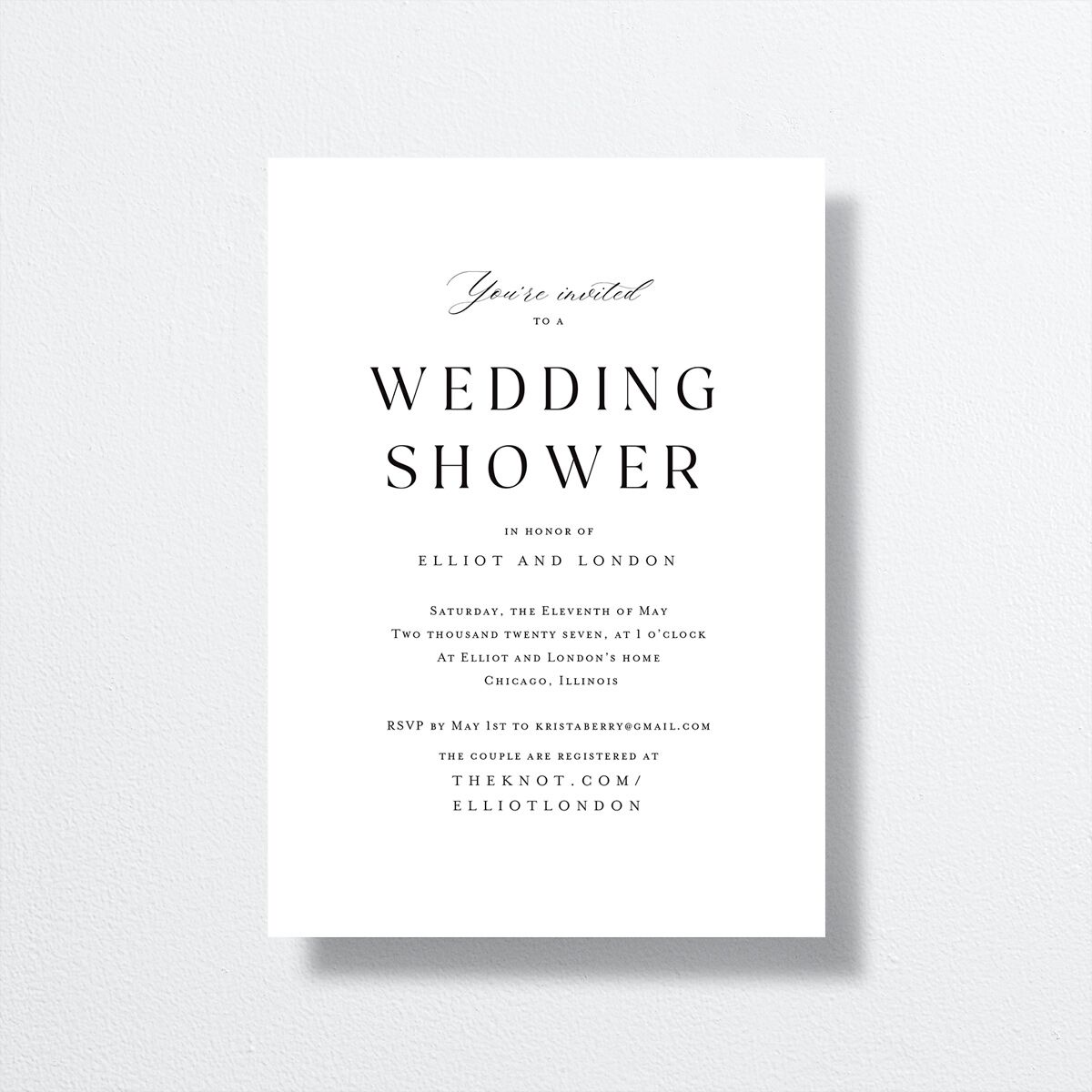 Timeless Typography Bridal Shower Invitations front in white
