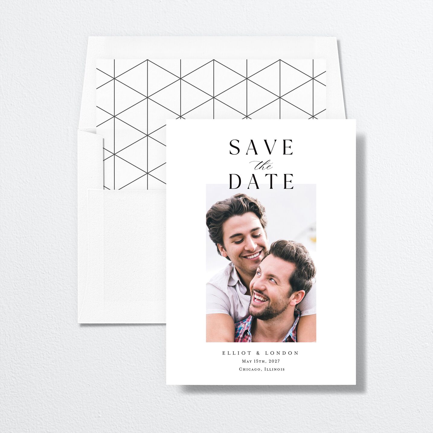 Timeless Typography Save The Date Cards envelope-and-liner in white