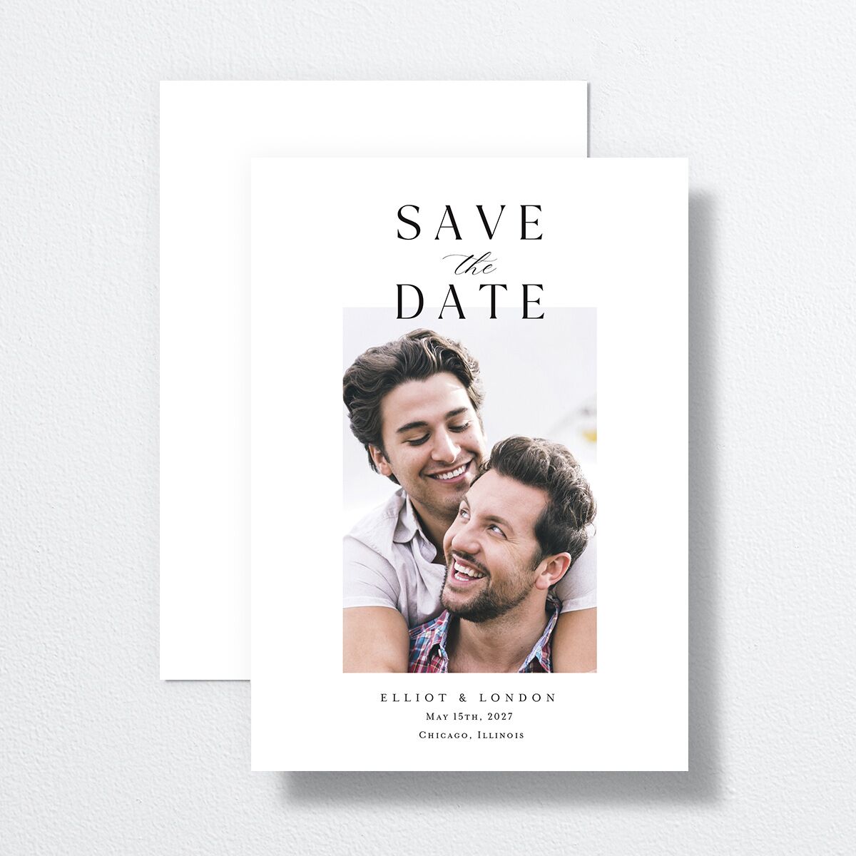 Timeless Typography Save The Date Cards front-and-back in white