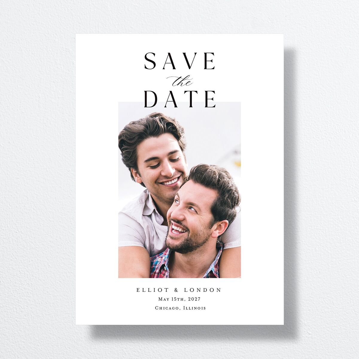 Timeless Typography Save The Date Cards front in white