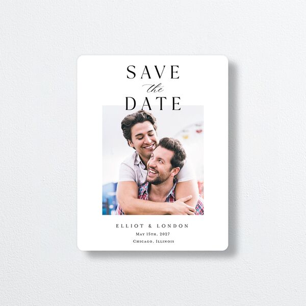 Timeless Typography Save The Date Magnets front in White