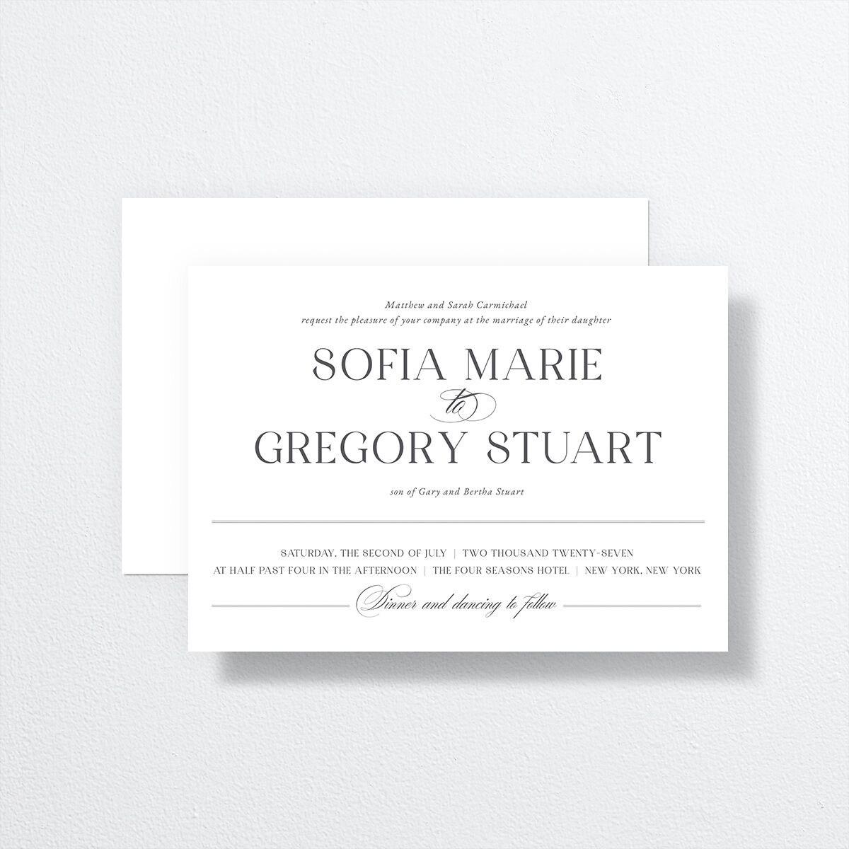 Classically Elegant Wedding Invitation front-and-back in White