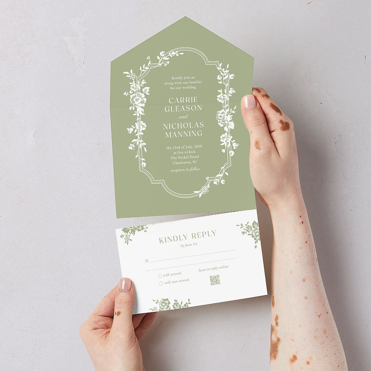 Fairytale Lace Floral Frame All-in-One Wedding Invitations Moss Signature Light Both Recipient and Return Addresses No