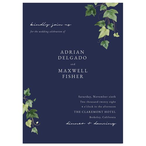Elegant Ivy Wedding Invitations Navy Signature Blank No Standard