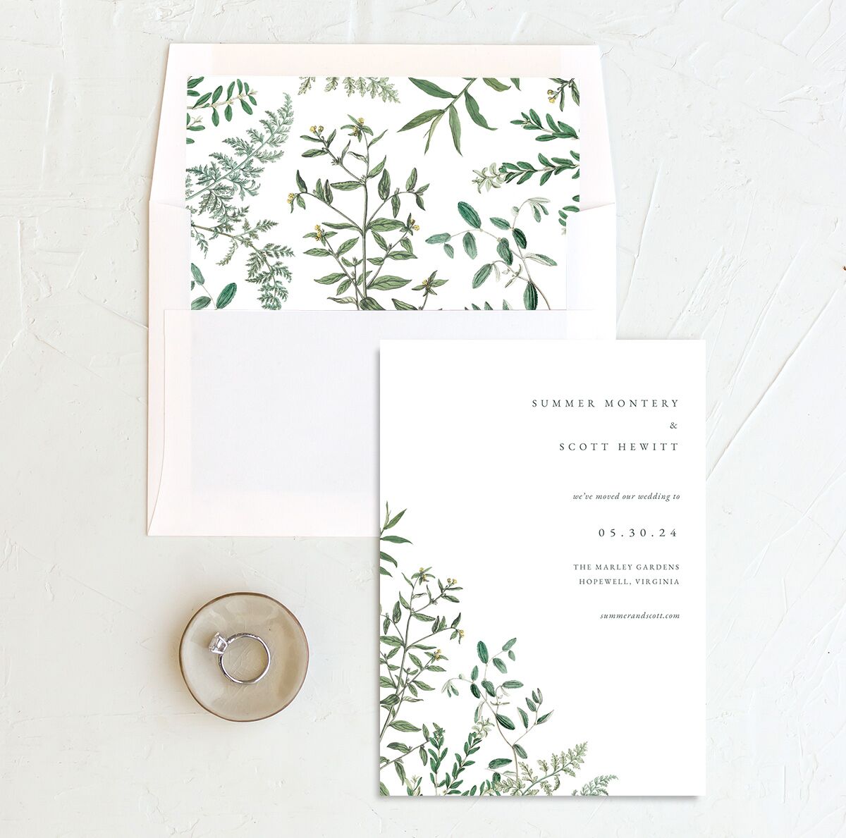 Delicate Greenery Change the Date Cards Pure White Signature