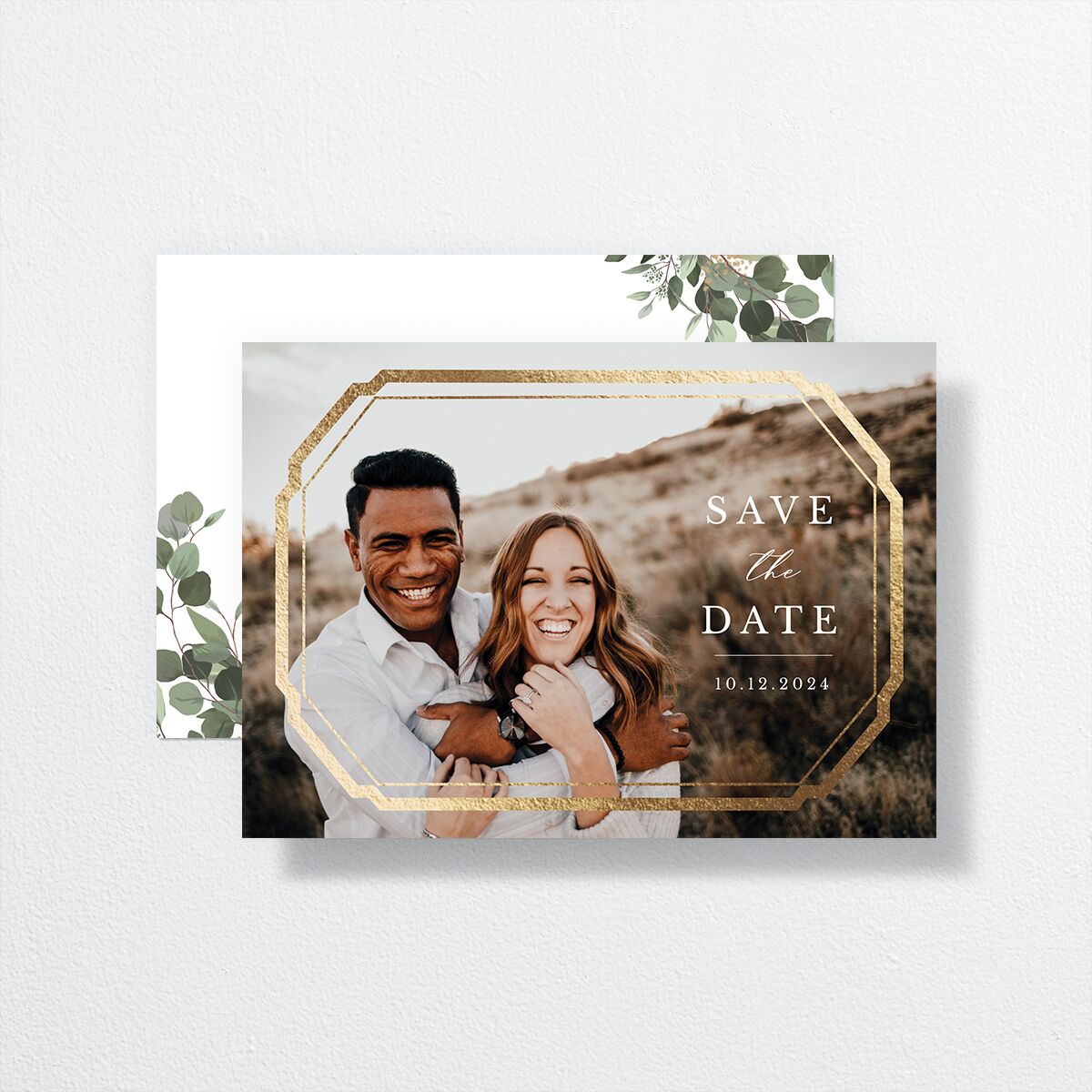 Eucalyptus Frame Foil Save The Date Cards Gold Pure White Signature smooth No
