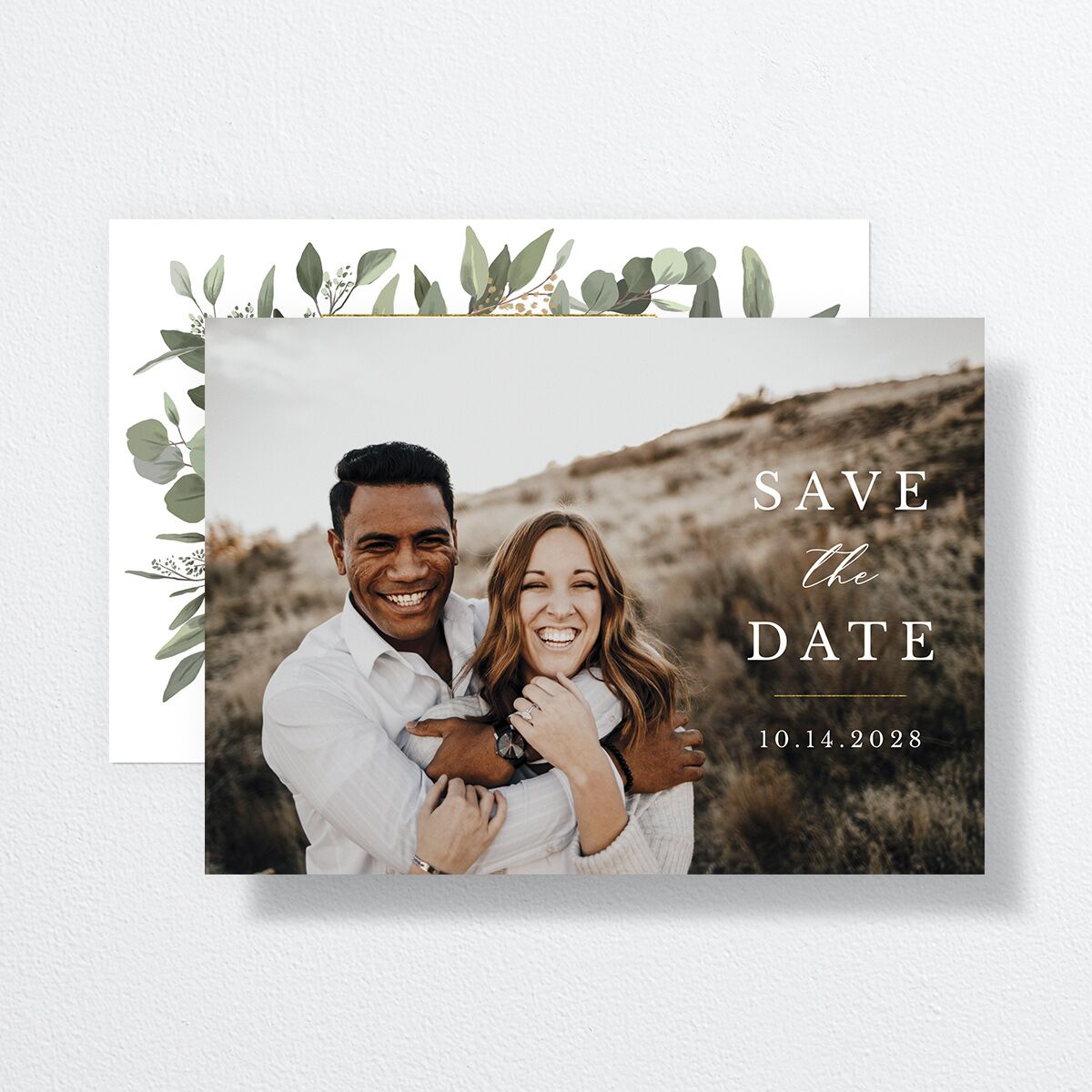 Eucalyptus Frame Save The Date Cards Pure White Signature smooth No Standard