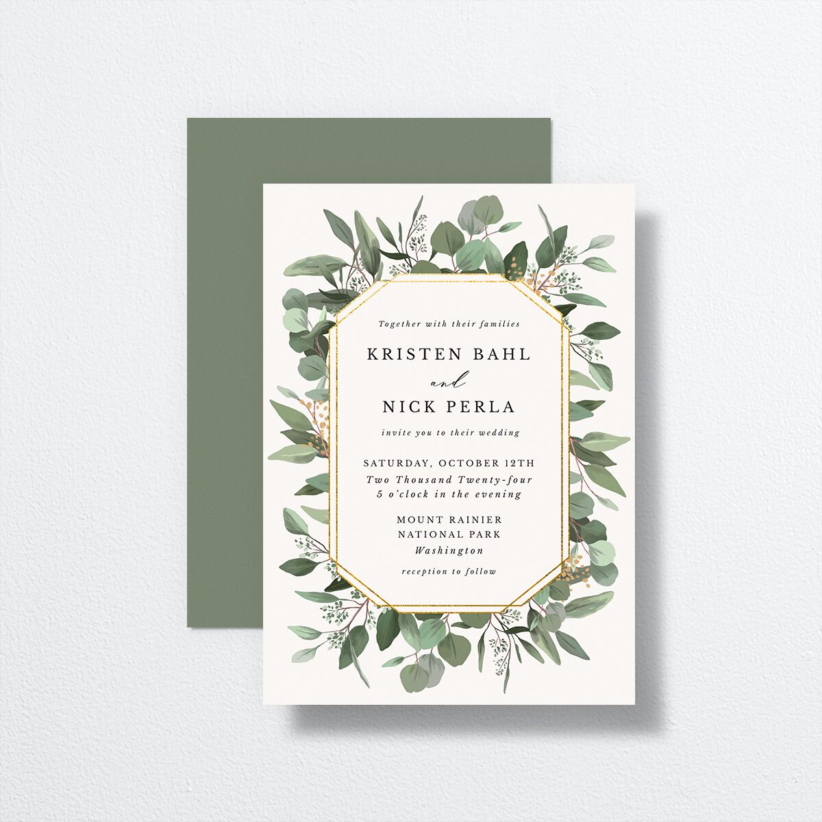 Eucalyptus Frame Wedding Invitations front-and-back in white