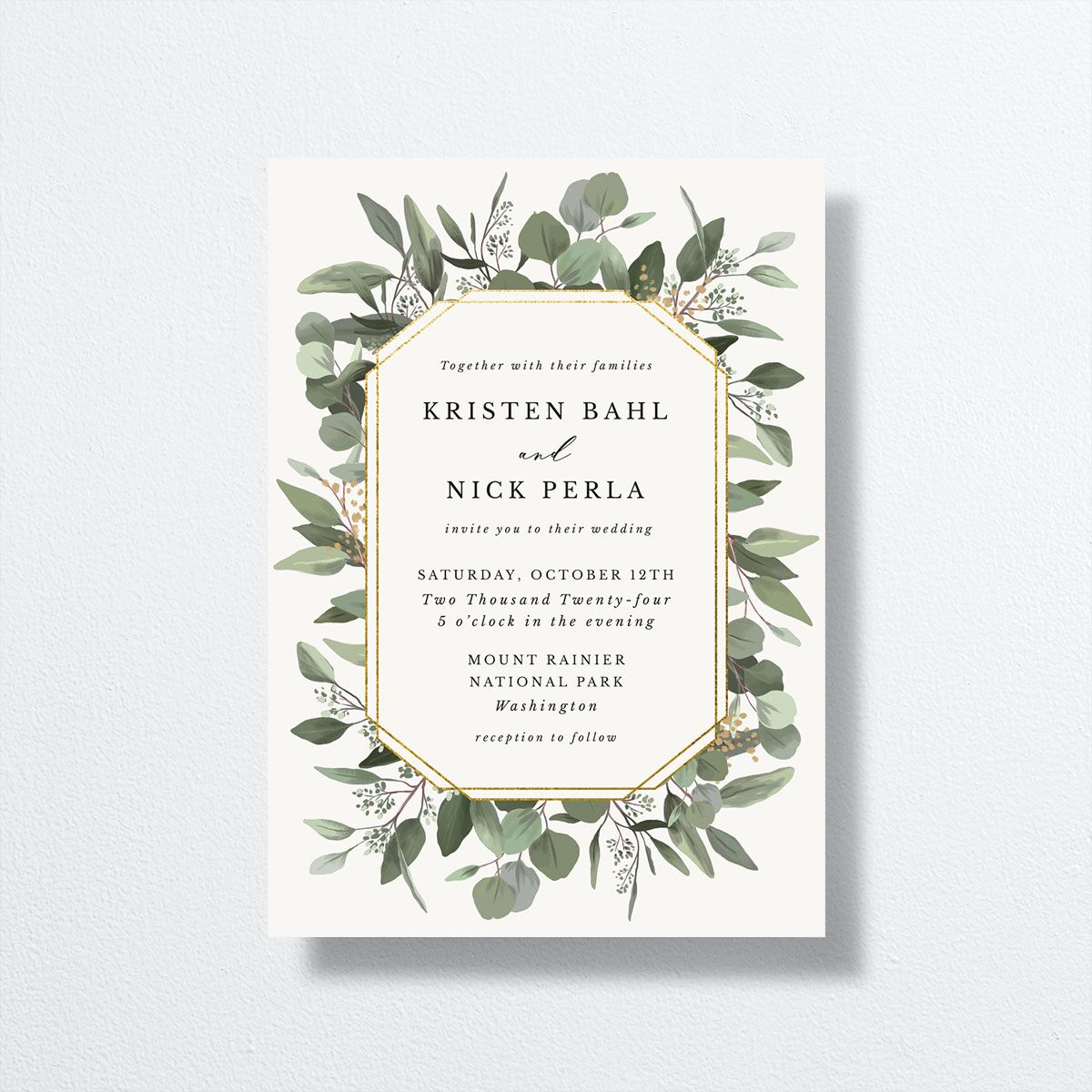 Eucalyptus Frame Wedding Invitations front in white