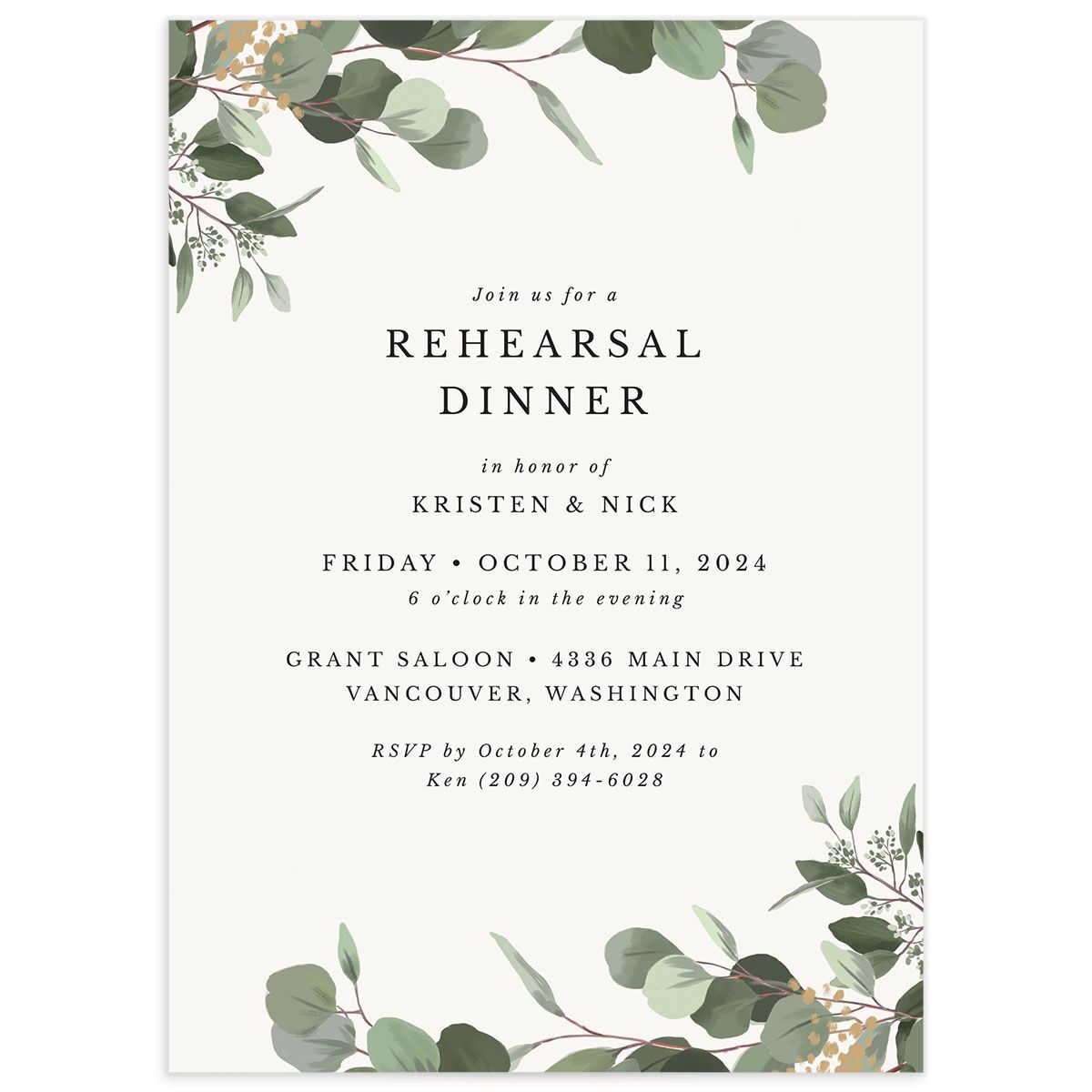 Painted Eucalyptus Rehearsal Dinner Invitations