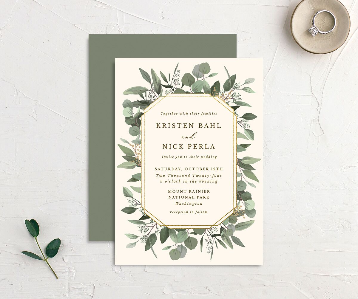 Painted Eucalyptus Wedding Invitations front-and-back in gold