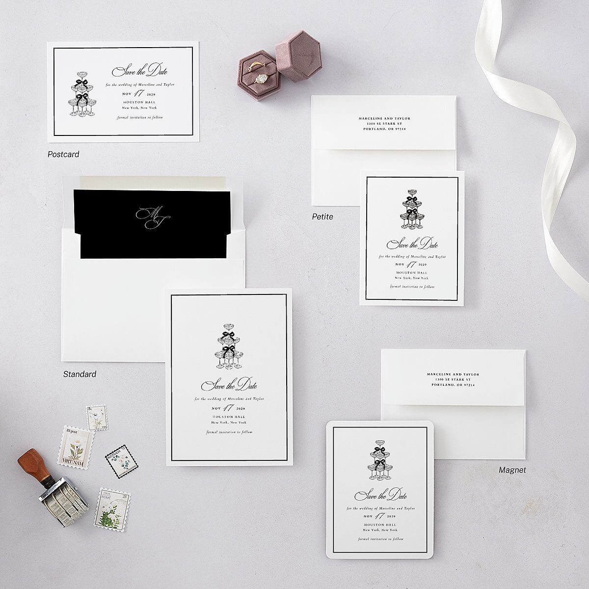 Classic Champagne with Bows Save the Date Cards Pure White Signature smooth Blank No Standard
