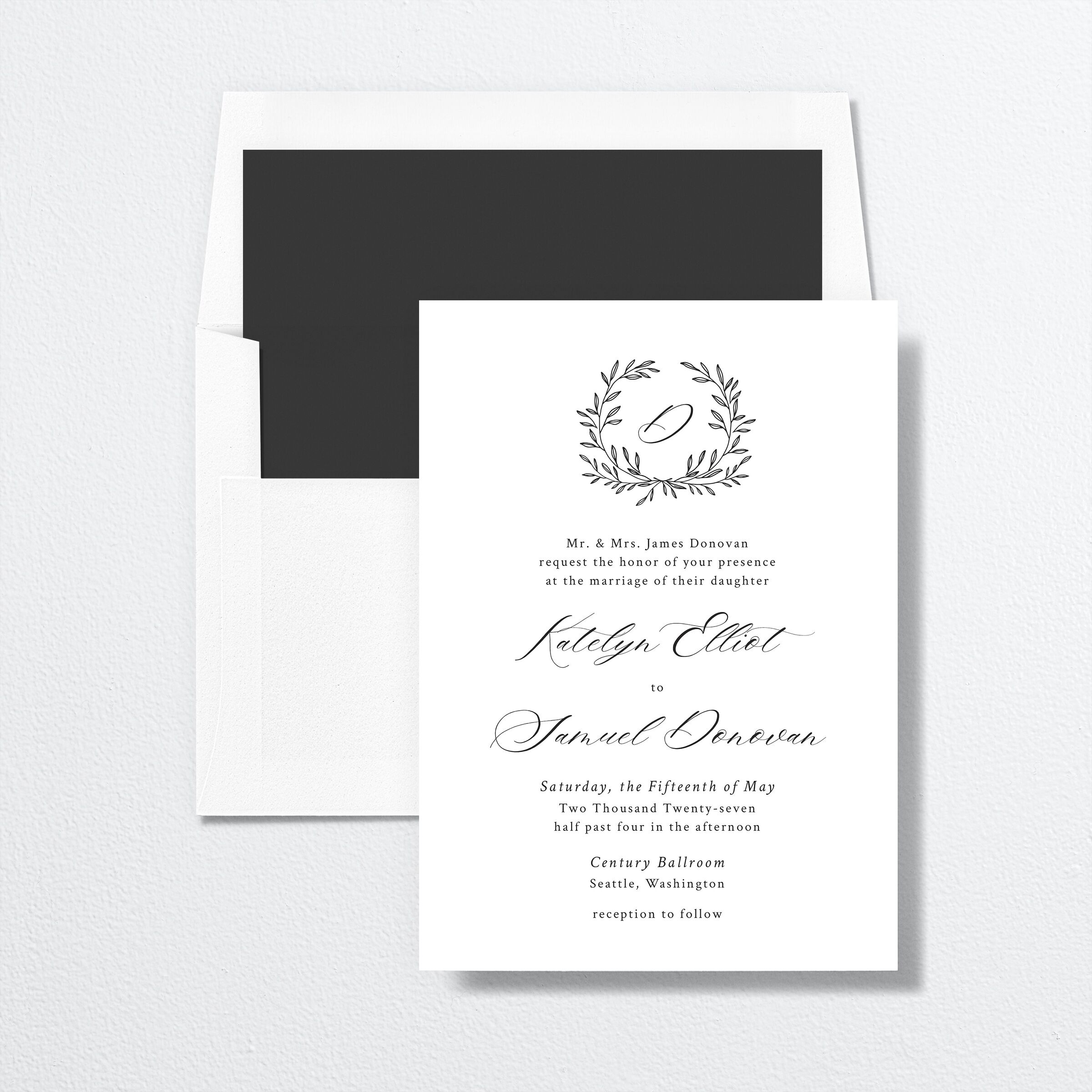 Monogram Wreath Standard Envelope Liners envelope-and-liner in black