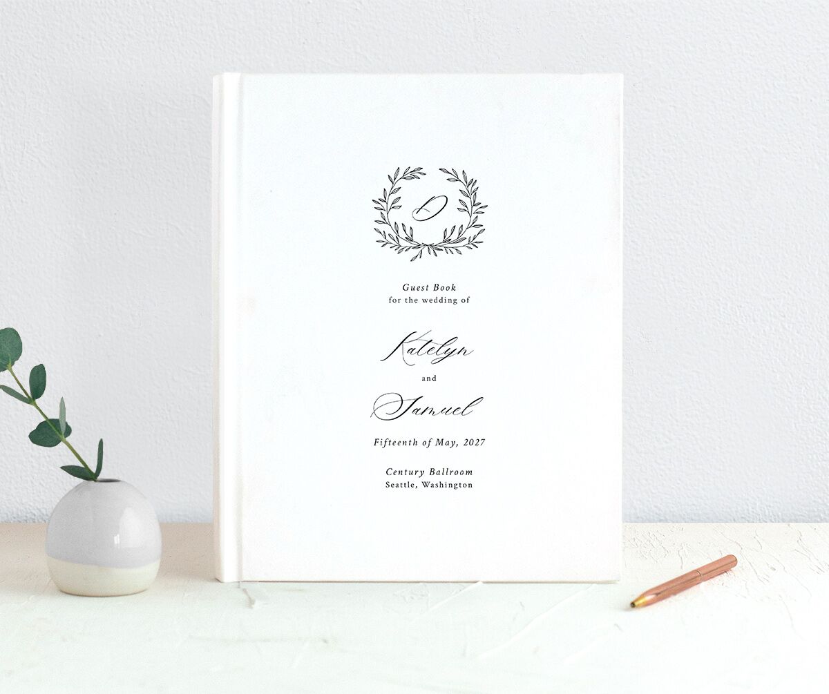 Monogram Wreath Wedding Guest Book front in black