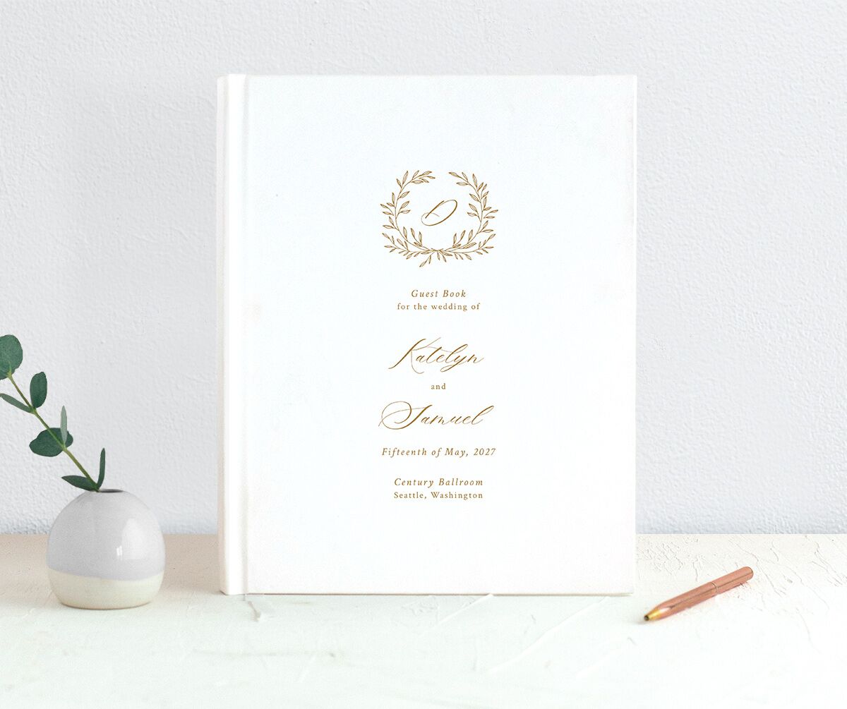 Monogram Wreath Wedding Guest Book front in gold