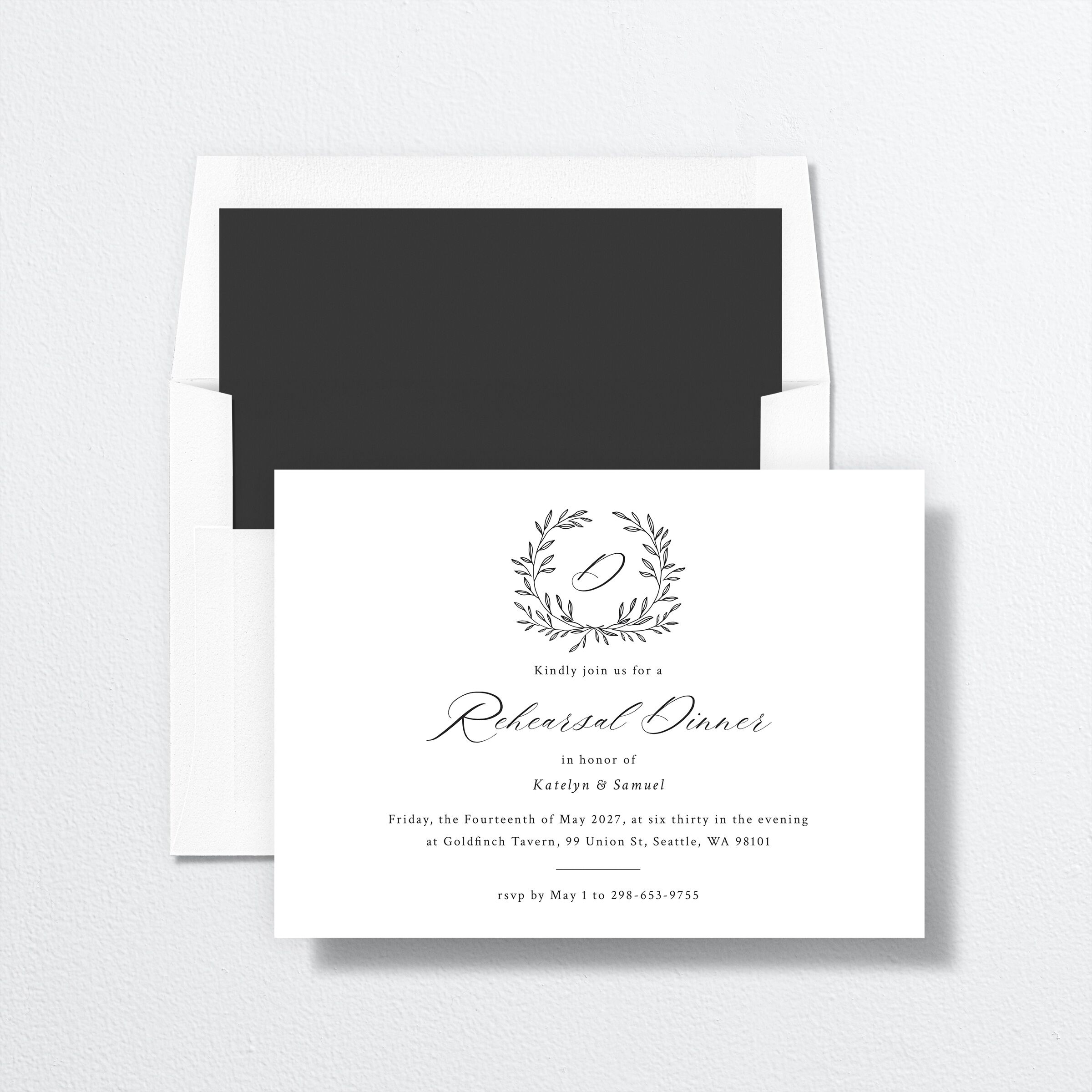 Monogram Wreath Rehearsal Dinner Invitations envelope-and-liner in black