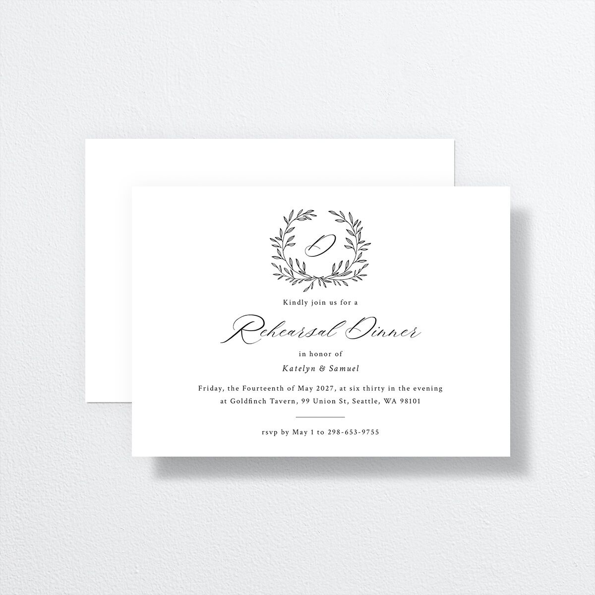 Monogram Wreath Rehearsal Dinner Invitations front-and-back