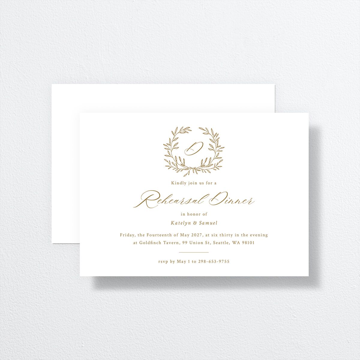 Monogram Wreath Rehearsal Dinner Invitations front-and-back in gold