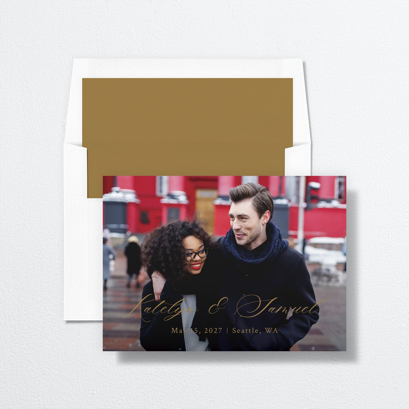 Monogram Wreath Save The Date Cards envelope-and-liner in gold