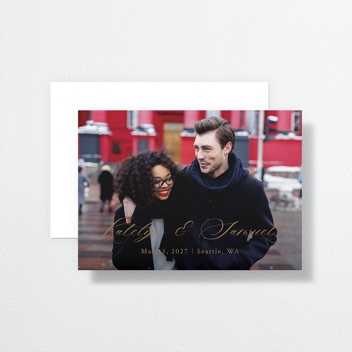 Monogram Wreath Save The Date Cards front-and-back in gold